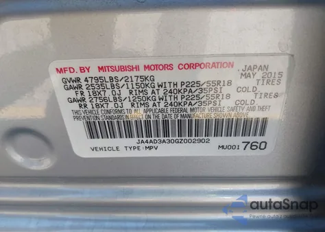 2016 Mitsubishi Outlander Se/Sel из США, поврежденный, VIN JA4AD3A30GZ002902